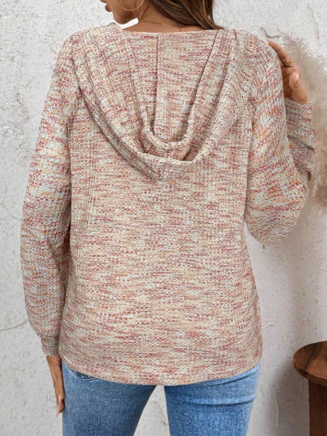 WAFFLE BUTTON-UP HOODIE LOOSE LONG-SLEEVED HOODIE