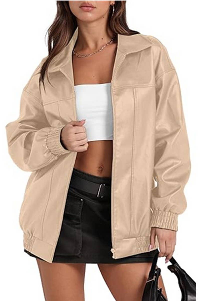 CWOCO1150_LAPEL ZIPPER SIDE POCKET PU LEATHER JACKET