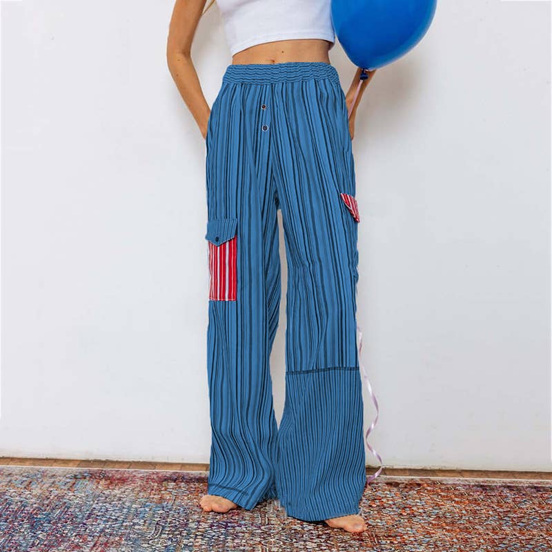 Plaid patchwork striped elastic-waist pants