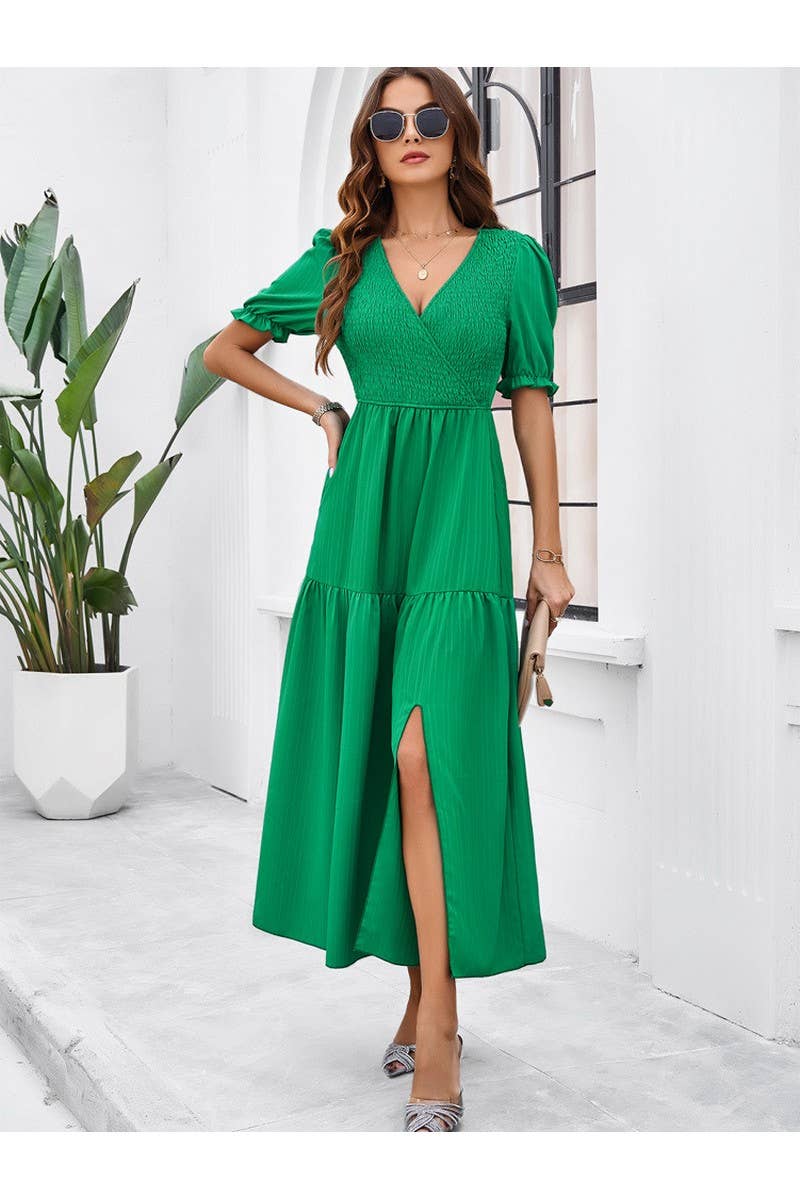 CWDMD2403_V-Neck Smocking Short Sleeve Split Midi Dress