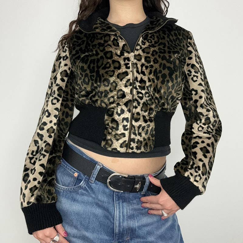 TURTLENECK RIBBED PATCHWORK LEOPARD VELVET JACKET