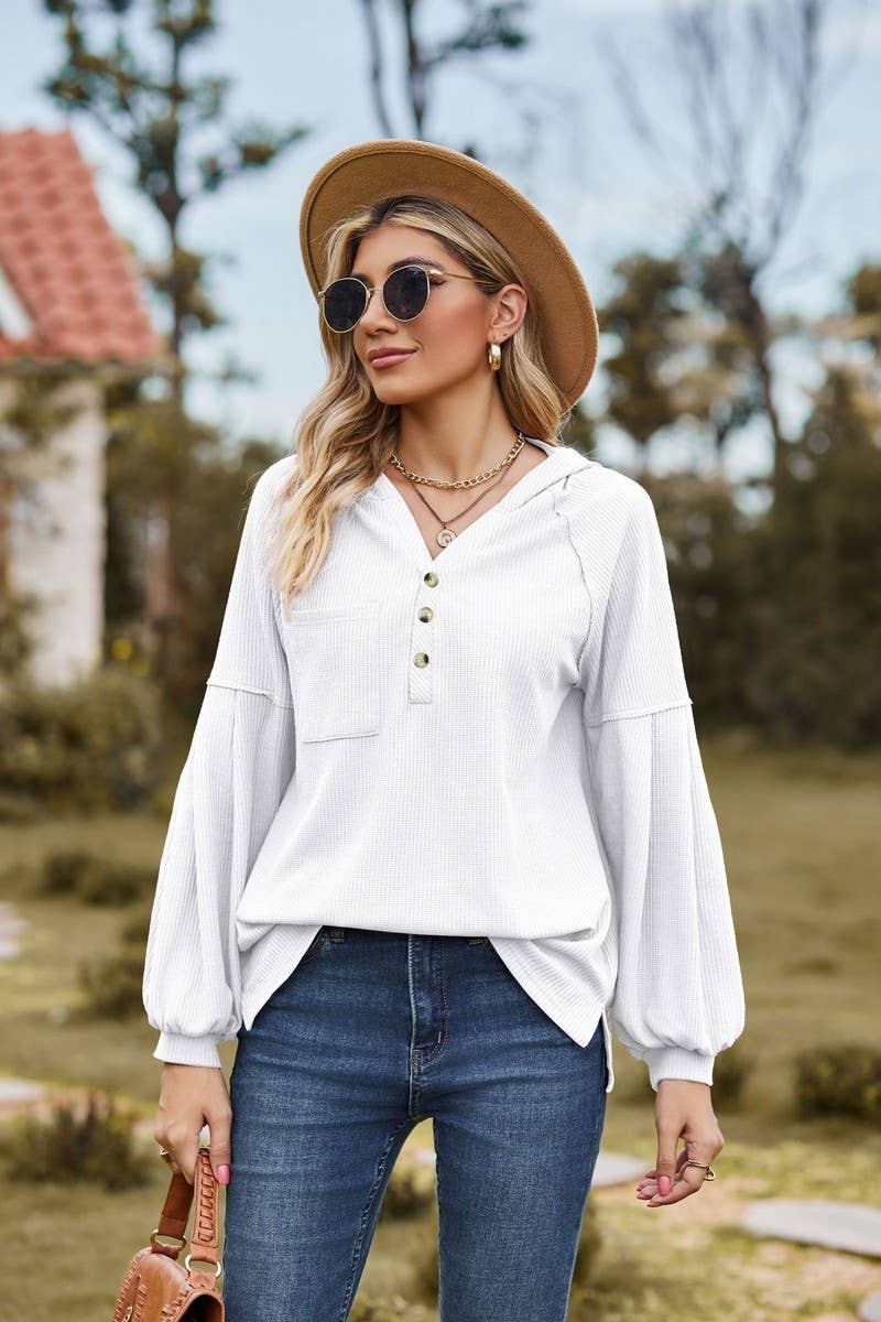 CWOHOL1095_NEW HOODED BUTTON LOOSE LONG-SLEEVED SWEATSHIRT