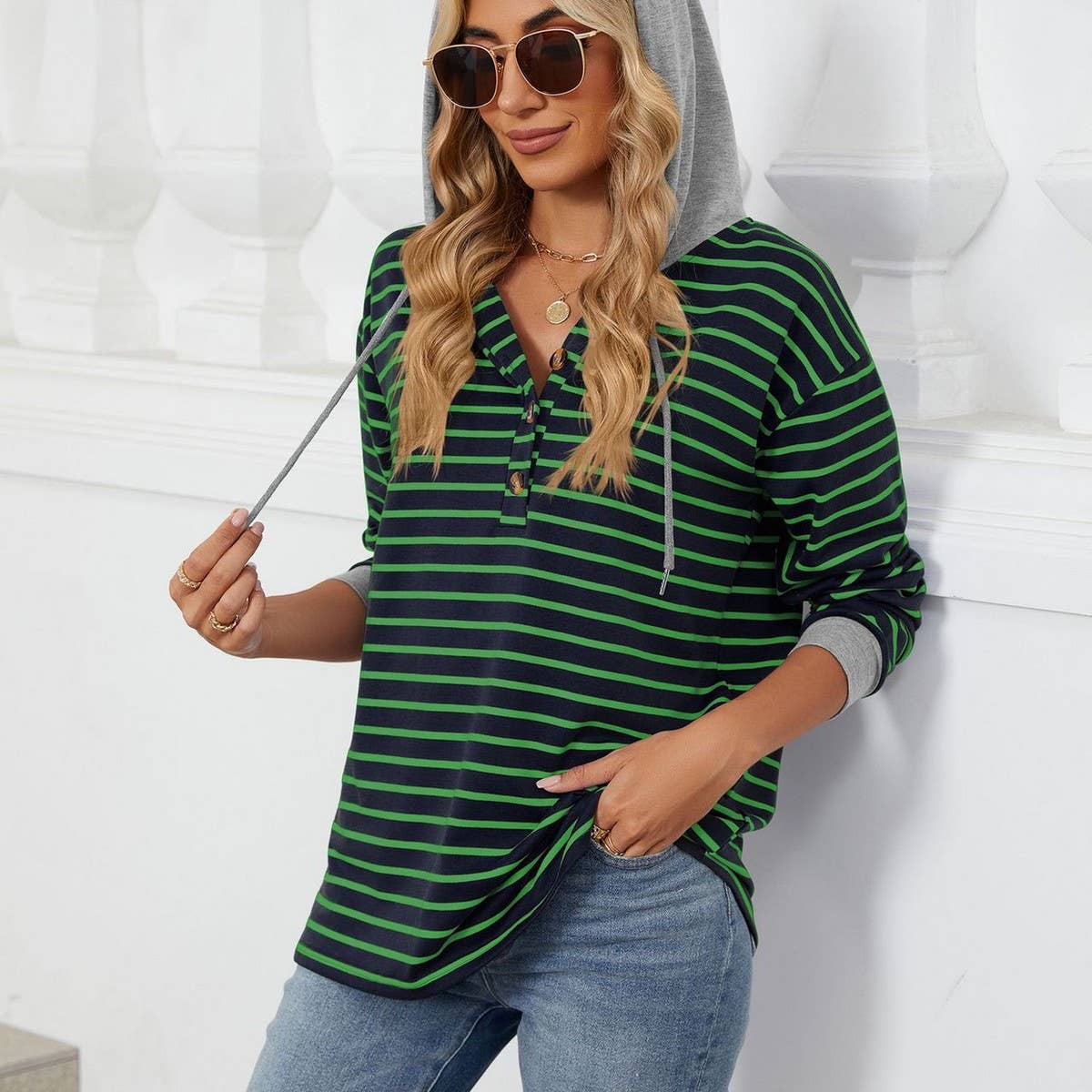 Hooded button drawstring long-sleeved hoodie