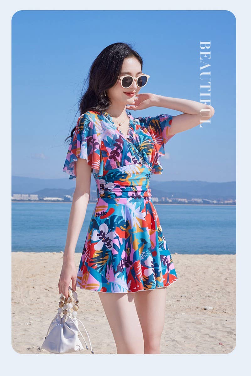 CWMW0857_MAPLE LEAF PRINT HIGH WAIST ONE-PIECE SWIMSUIT