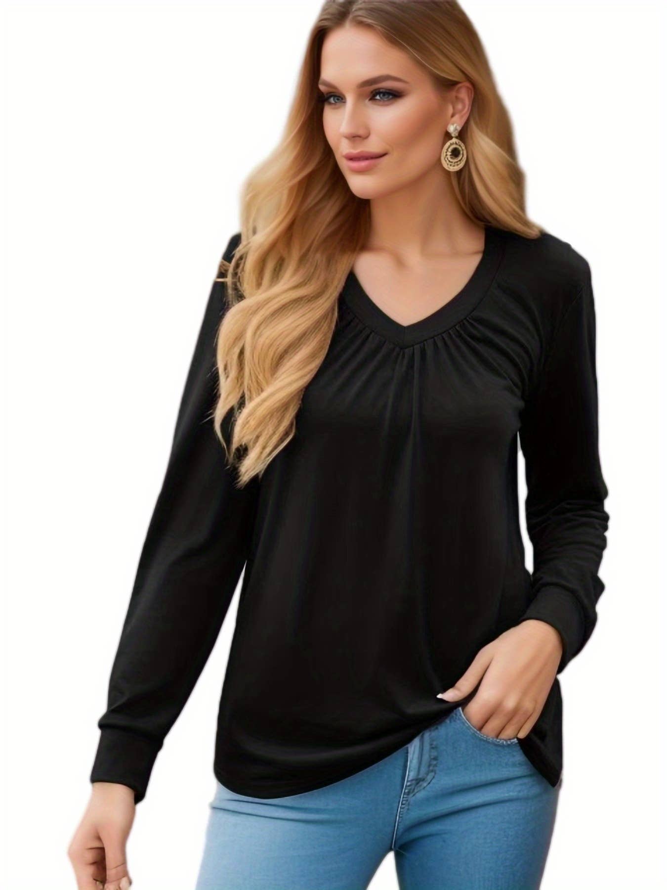 SOLID COLOR PLEATED V-NECK LOOSE T-SHIRT