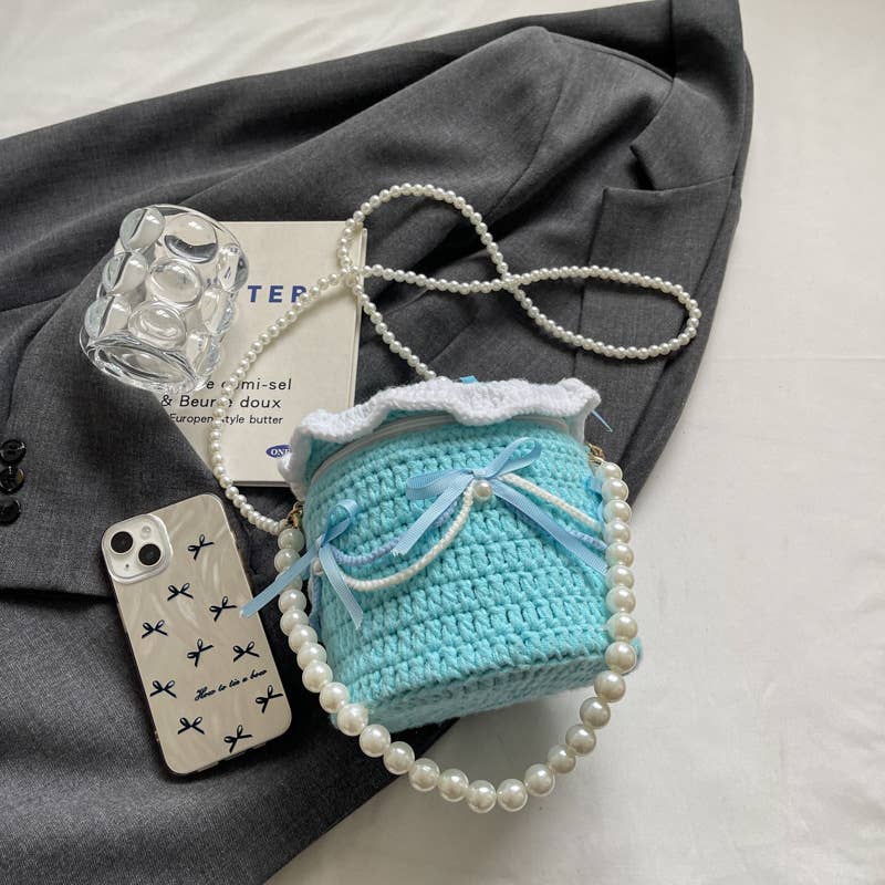 Personalized cake-shaped pearl chain knitted bag