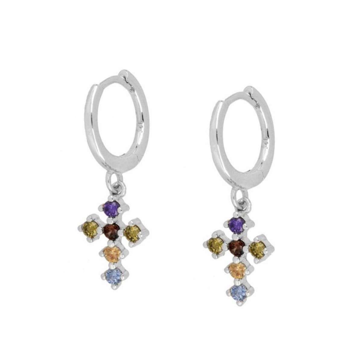 COLORFUL FRENCH CROSS DIAMOND EARRINGS