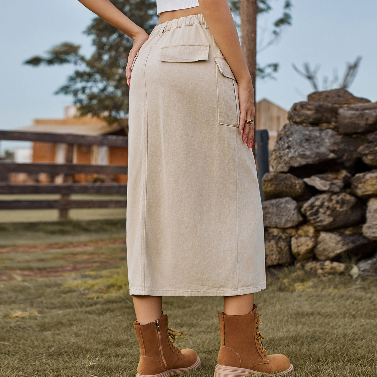 Washed Denim Cargo Skirt with Slit for Women