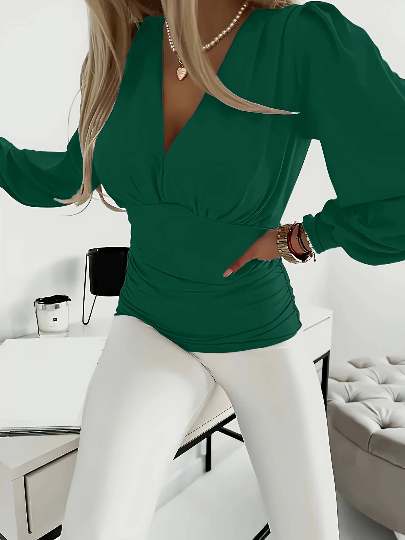 LONG SLEEVE FASHION V-NECK SOLID COLOR CASUAL TOP