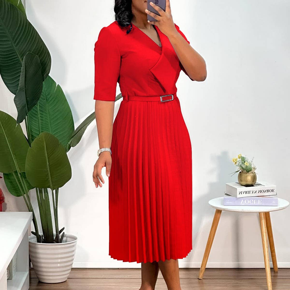 SOLID COLOR V-NECK FASHIONABLE PLEATED DRESS_CWDMD3717