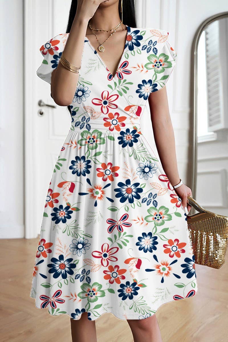 CWDMD5869_SOLID ELEGANT V-NECK SHORT SLEEVE MIDI DRESS