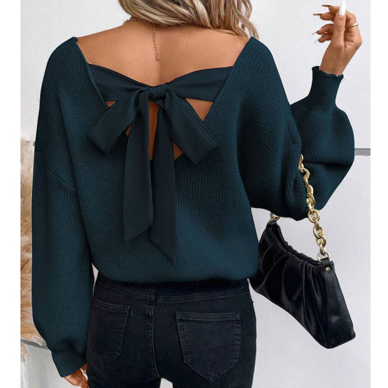 SEXY BACKLESS LACE-UP V-NECK LONG-SLEEVE PULLOVER