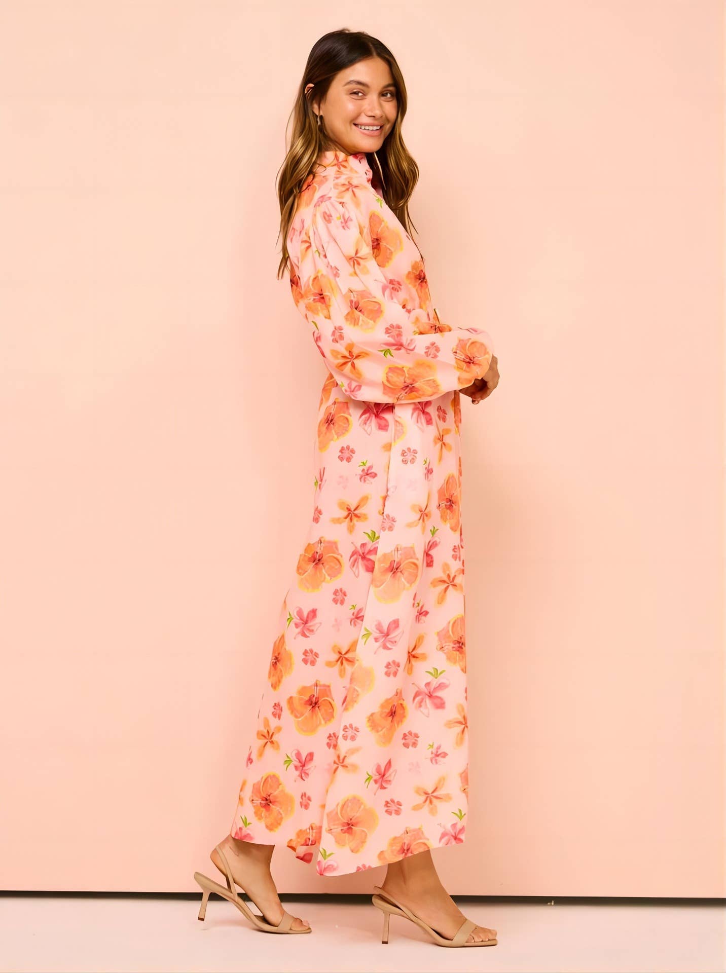 STAND COLLAR LANTERN SLEEVE SLIT LONG DRESS