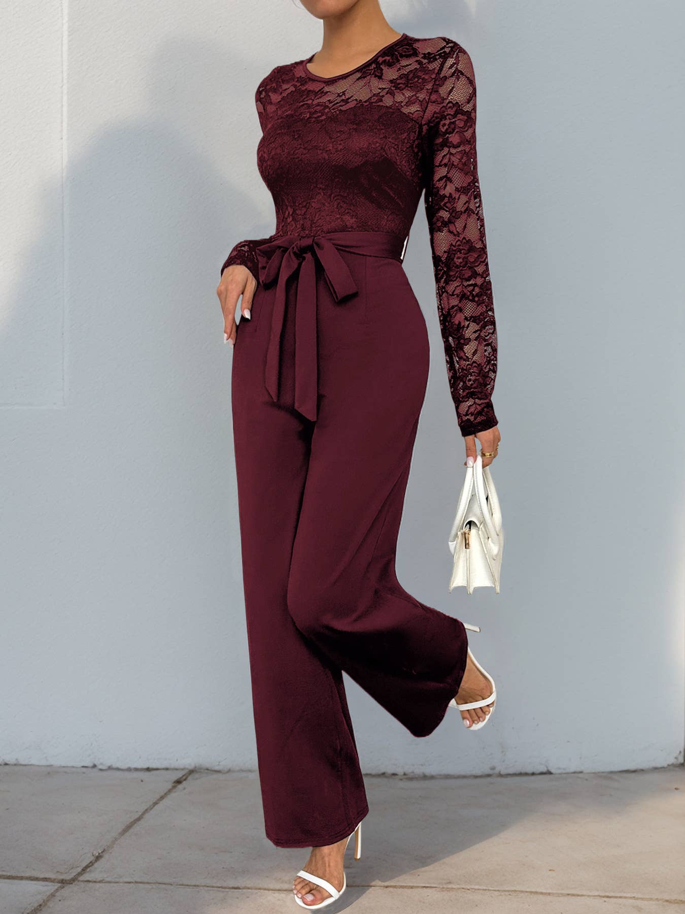 SOLID COLOR JUMPSUIT LACE PATCHWORK ZIPPER