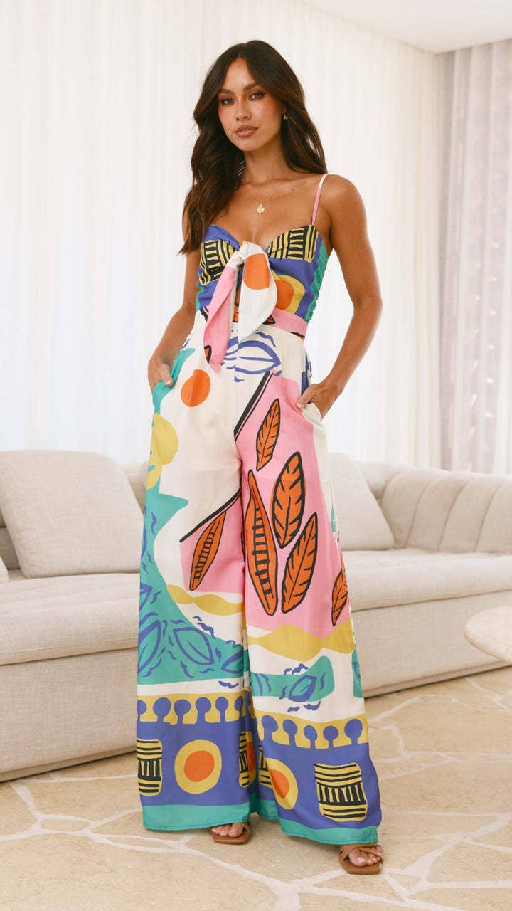 Wide leg straight jumpsuit with halter and knot