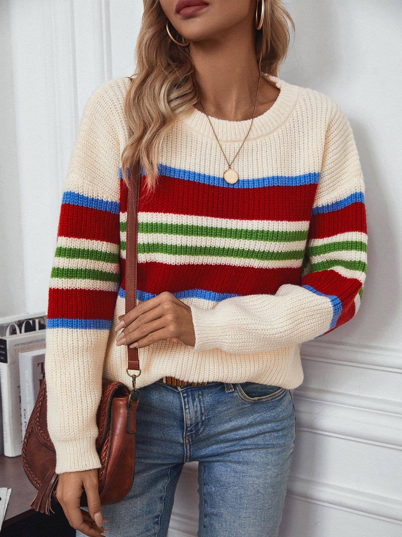 STRIPED PULLOVER FASHION CASUAL CREW NECK SWEATER