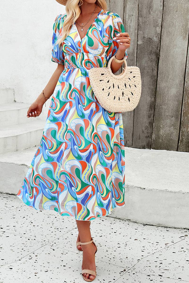 CWDMD0995_Deep V-Neck Short Sleeve Floral Print Midi Dresses