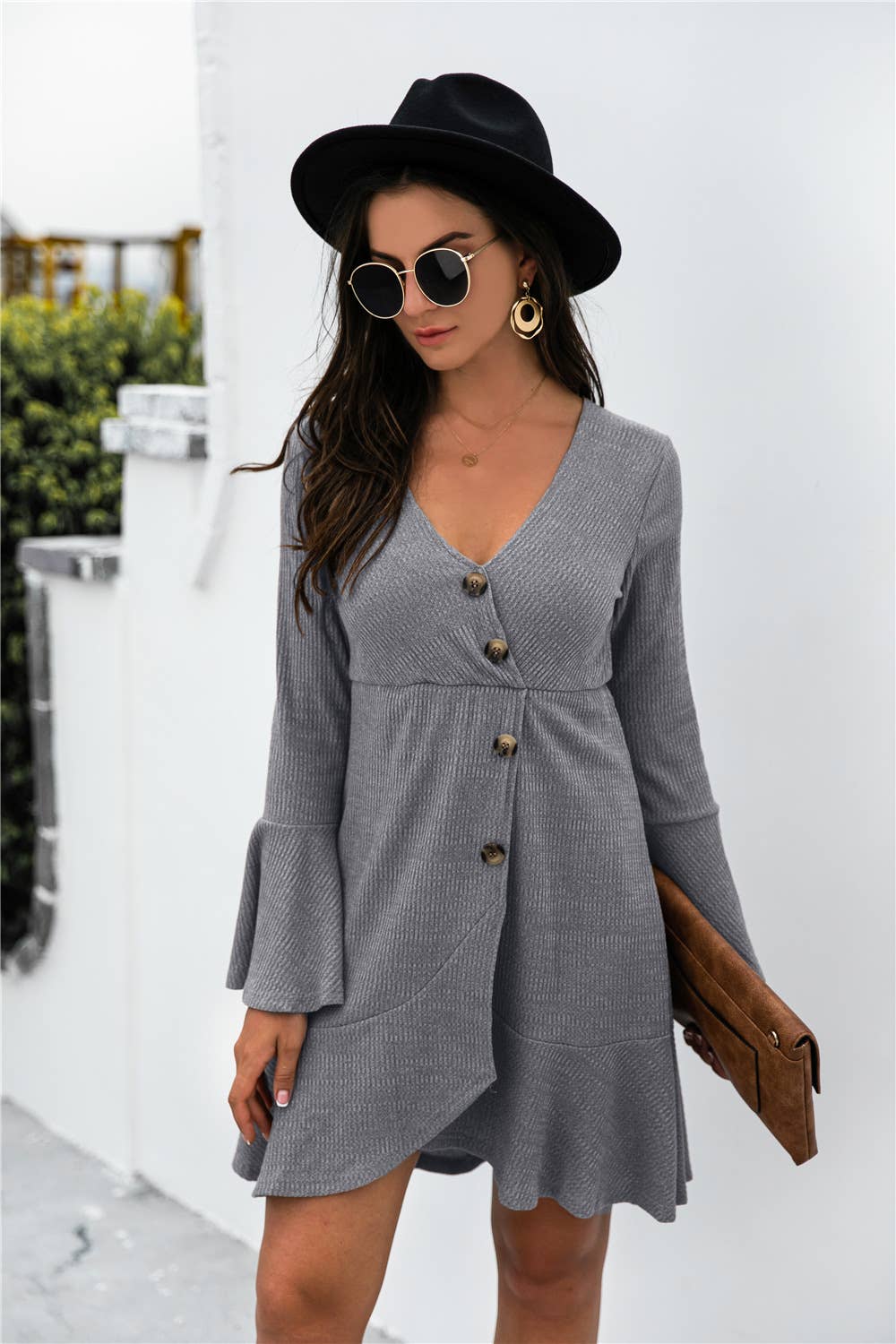 V-NECK RUFFLED TRUMPET SLEEVE BUTTON KNIT DRESS