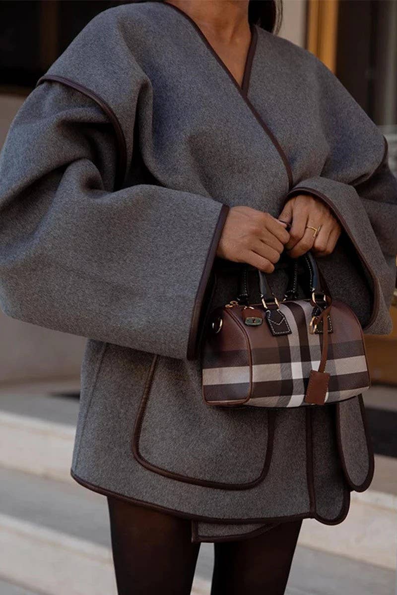 CWOCO1067_LOOSE RETRO GREY BELTED WOOLEN COAT