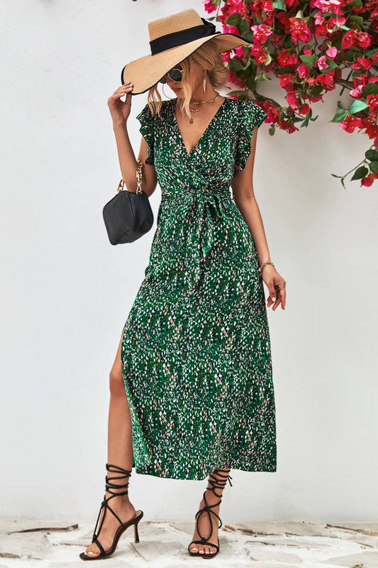 WOMEN V NECK SPLIT PRINT DRESS_CWDSD2622