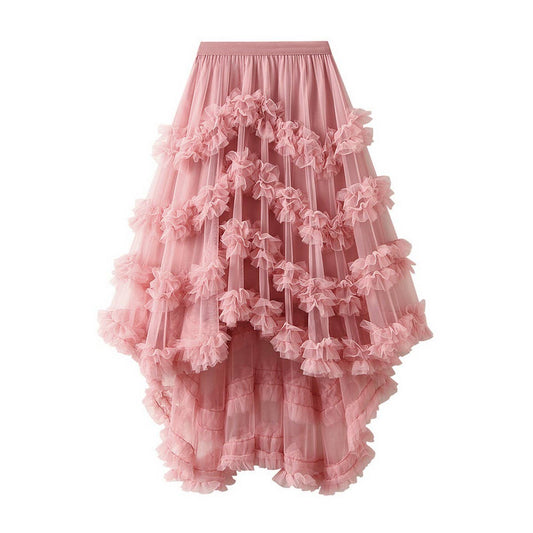 Candy Color Ruffle Tulle Irregular Midi Skirt_CWBMS0403