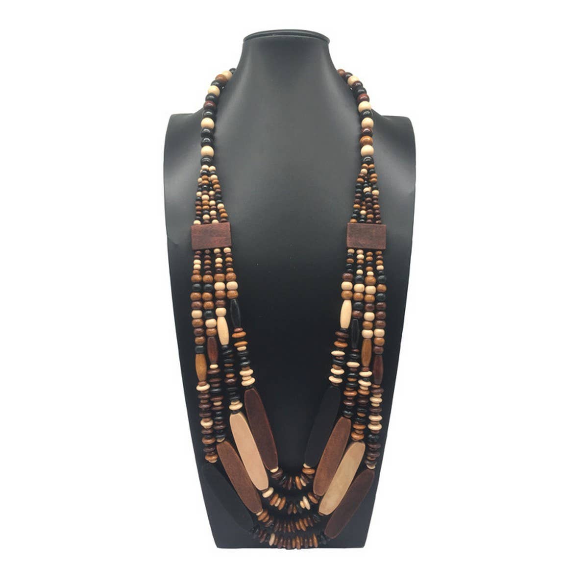 MULTI-LAYERED GEOMETRIC WOODEN BEAD NECKLACE