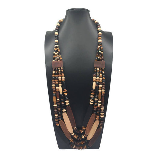 MULTI-LAYERED GEOMETRIC WOODEN BEAD NECKLACE