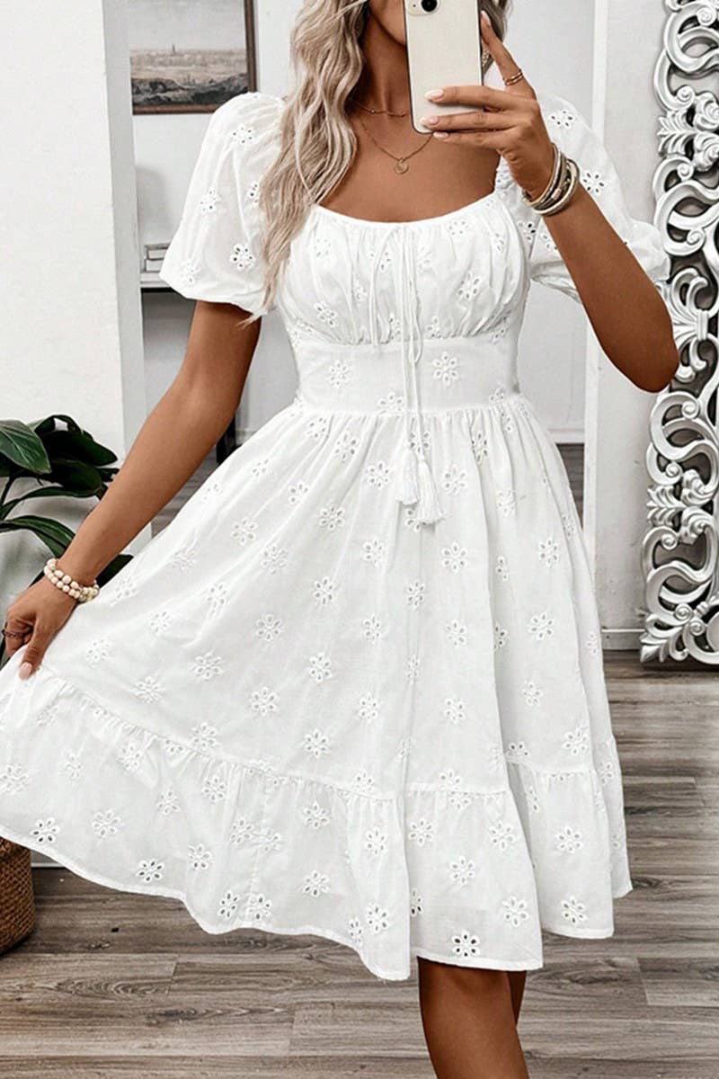 CWDSD8530_SOLID SMOCKED SQUARE NECK SHORT SLEEVE DRESS