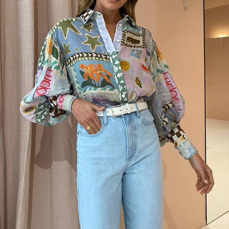 LAPEL PRINT CASUAL FASHION SHIRT FOR WOMEN