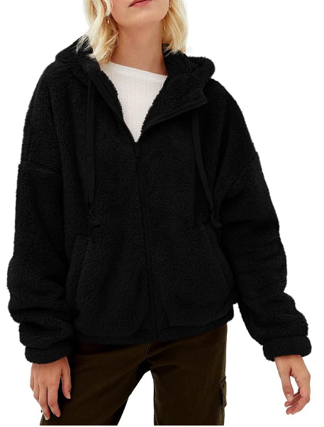 SOLID COLOR CASUAL PLUSH ZIPPER HOODED COAT