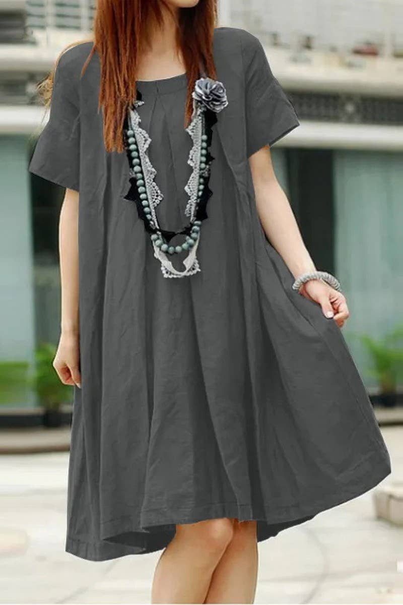 CWDSD5500_LOOSE PLEATED ROUND NECK SHORT SLEEVE DRESS