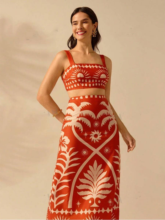 Printed short halter top fitted ultra maxi suit
