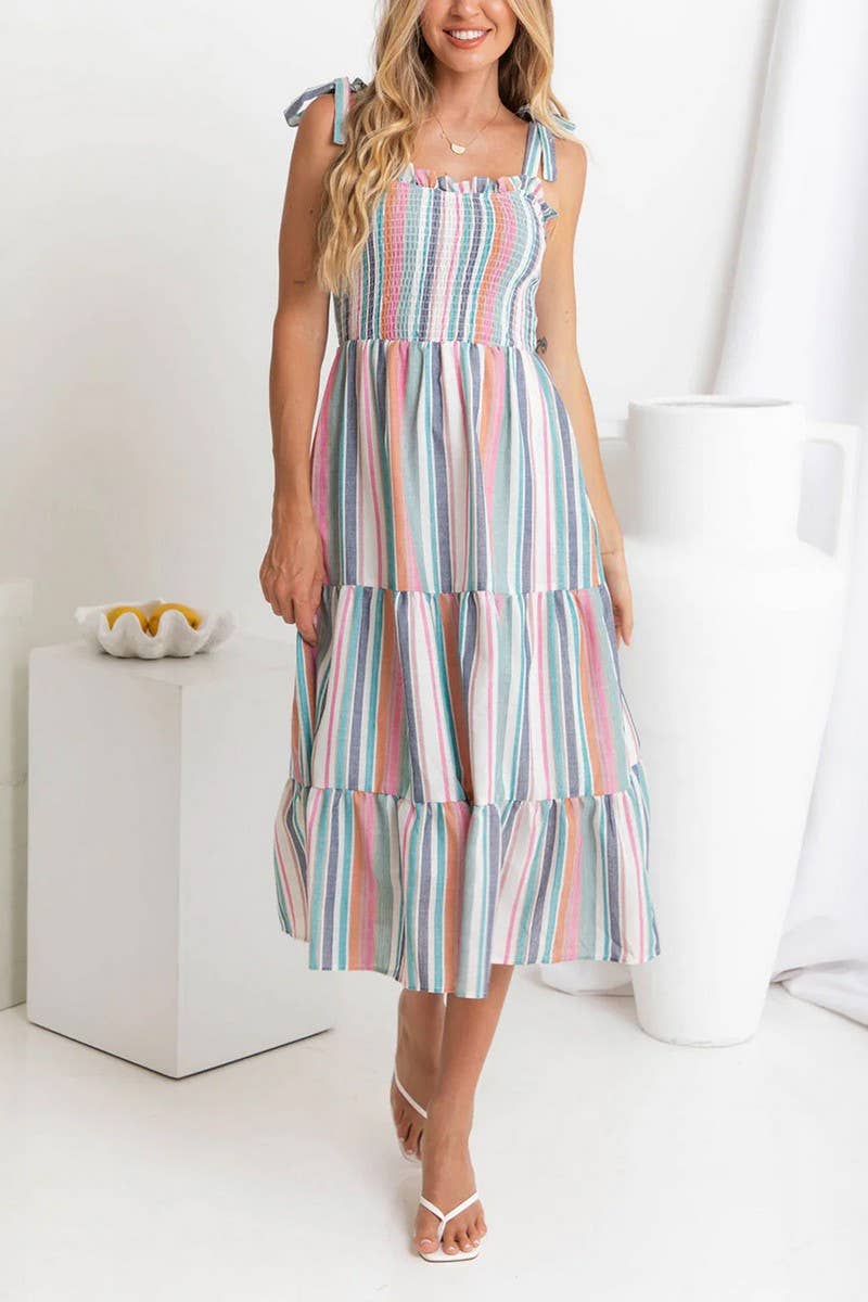 CWDMD5325_RAINBOW STRIPED TIE BACK SPAGHETTI STRAP DRESS