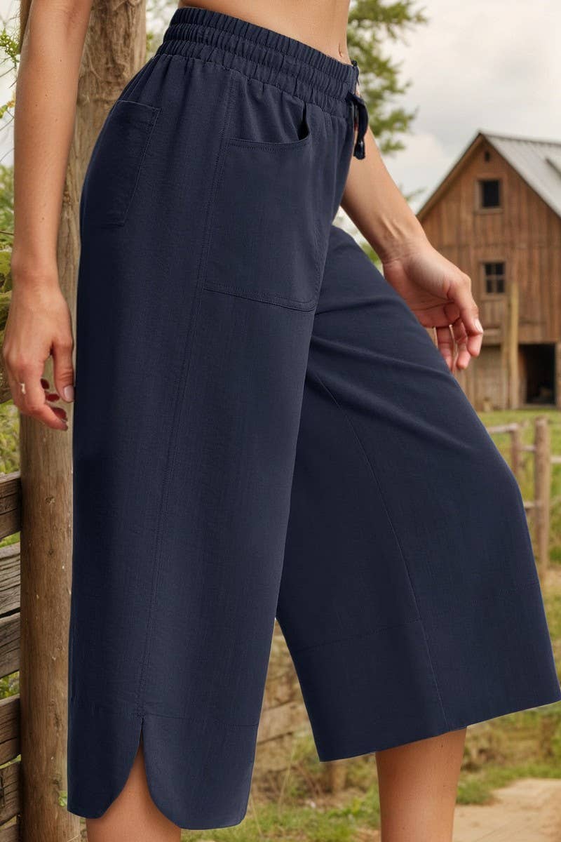 CWBLP2158_SOLID ELASTIC WAIST WIDE LEG CULOTTE PANTS