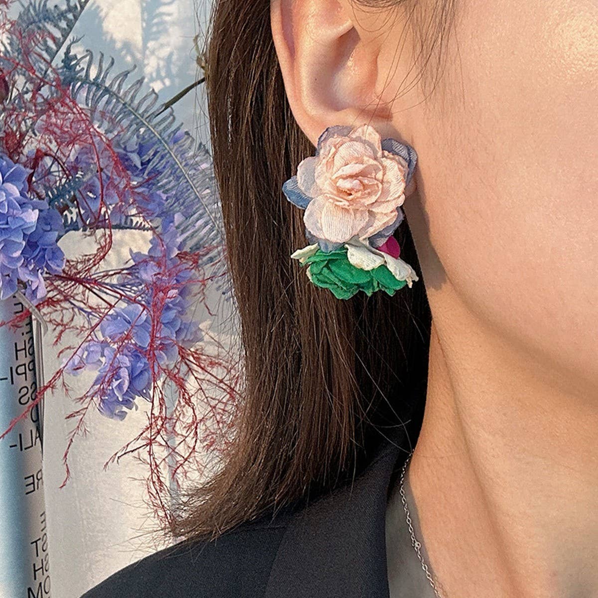 Fabric Flower C-Shaped Stud Earrings ??Fresh Style_CWMM6183