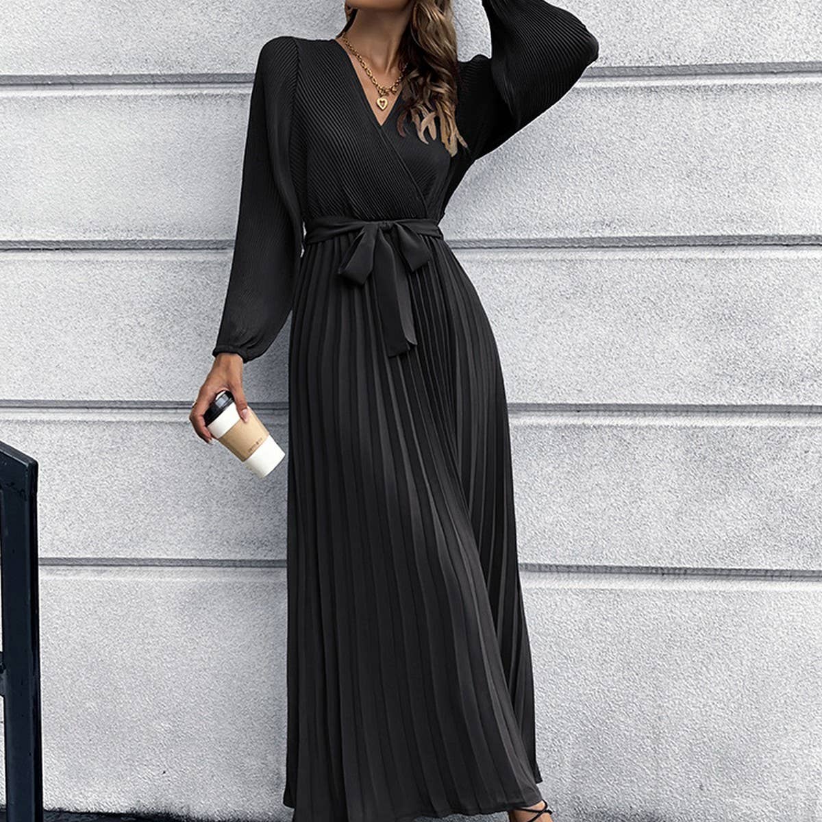 V-neck long sleeve pleated A-line long dress