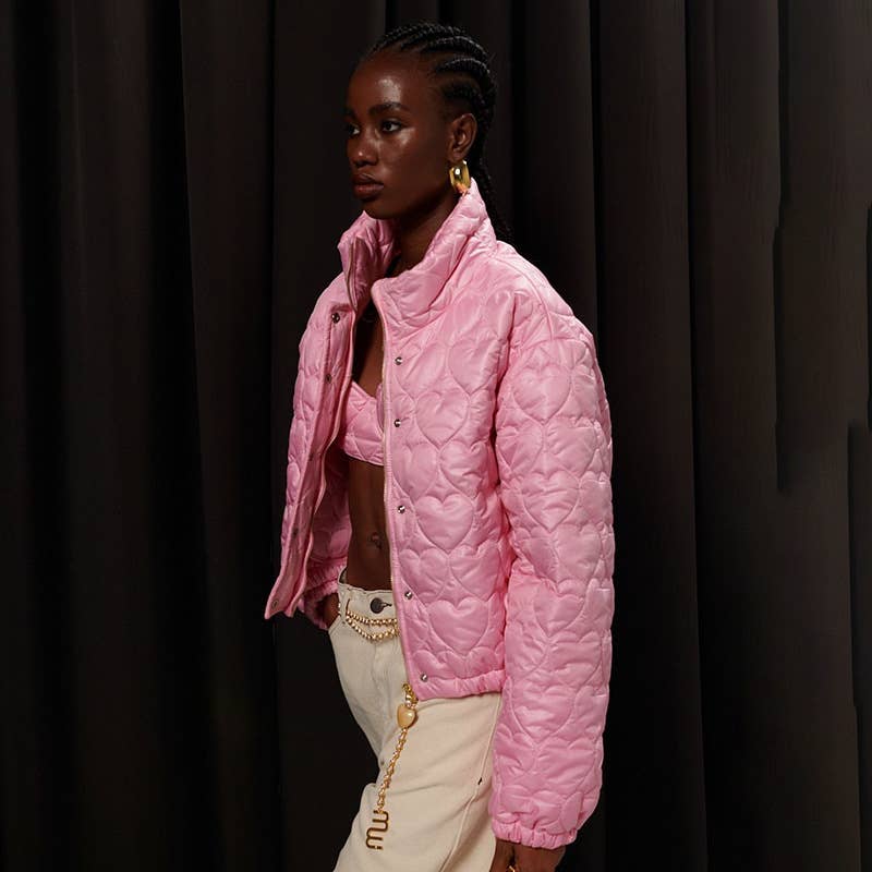 STAND COLLAR SOLID COLOR LOVE SHORT PADDED JACKET