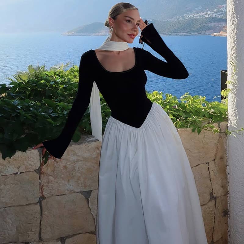 Off-the-shoulder long-sleeved patchwork dress