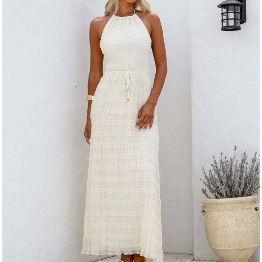 Sexy backless ruched lace trim vacation dress