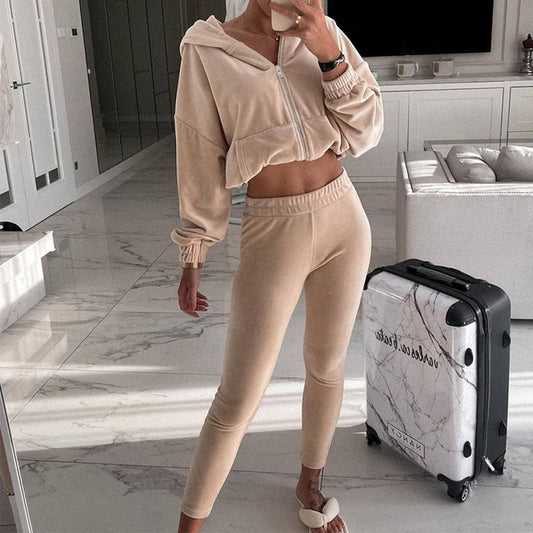 SOLID COLOR LOOSE HOODIE FLEECE SWEATPANTS SUIT