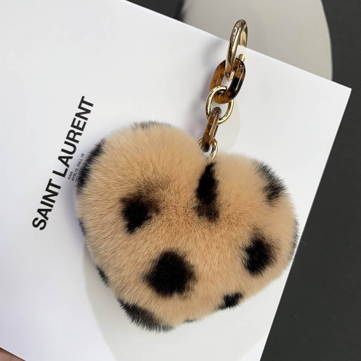 LEOPARD PRINT FUR BALL HEART SHAPE BAG KEYCHAIN