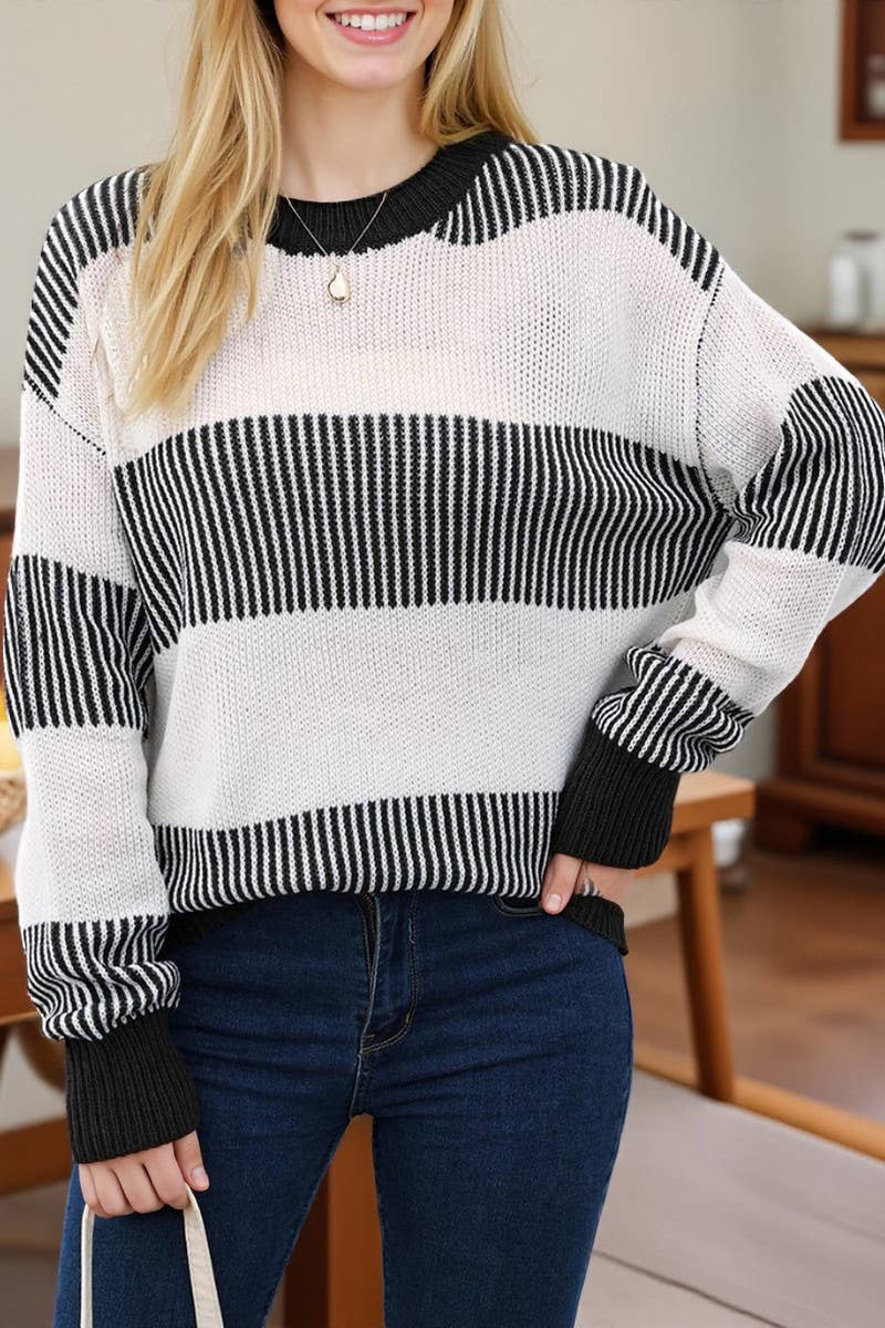CWOSWL07341_WOMEN CASUAL COLOR BLOCK STRIPED KNIT SWEATER
