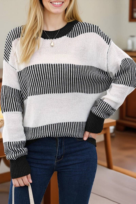 CWOSWL07341_WOMEN CASUAL COLOR BLOCK STRIPED KNIT SWEATER
