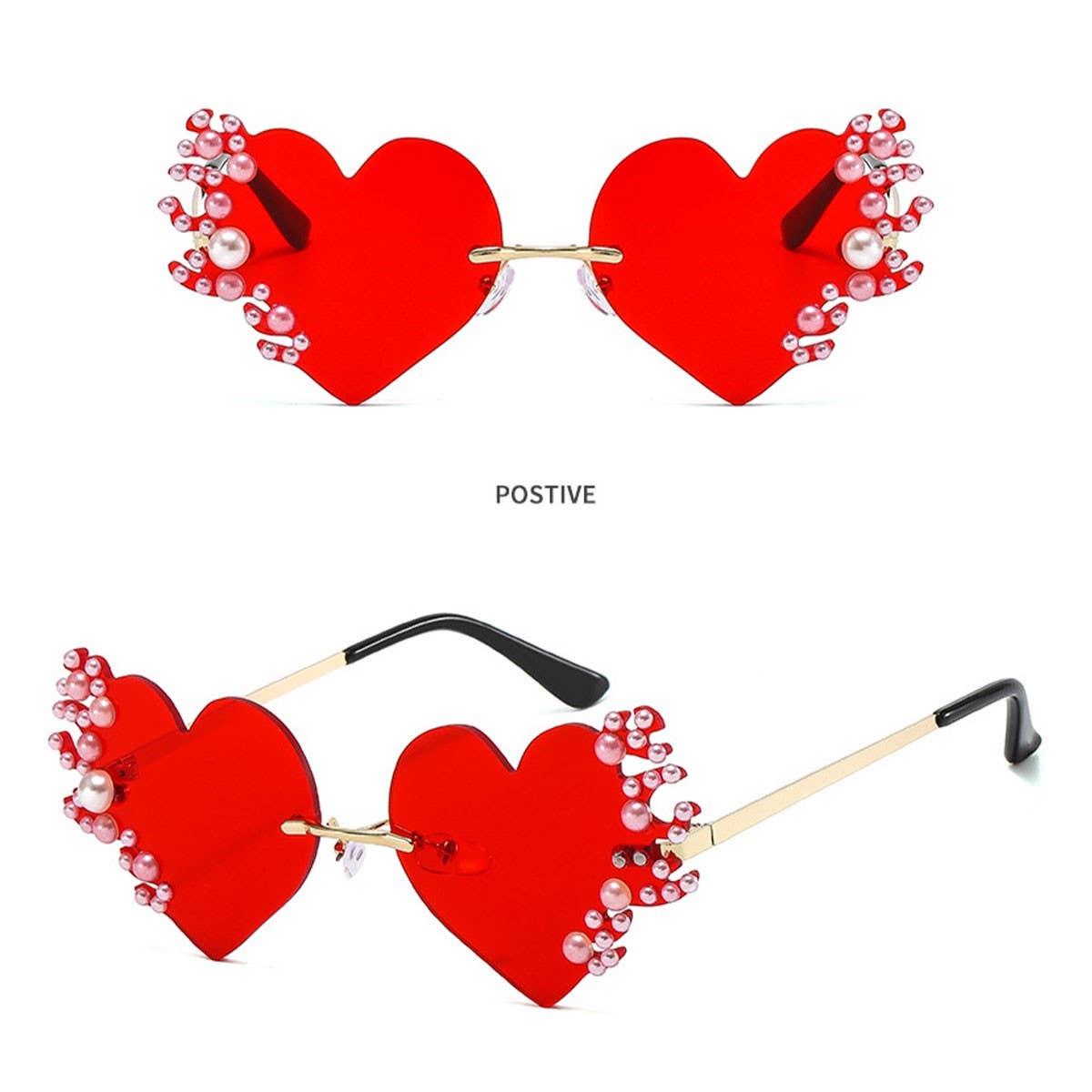 METAL RIMLESS PEARL HEART TEARS SUNGLASSES