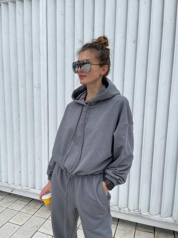 Drawstring short jacket and long pants set