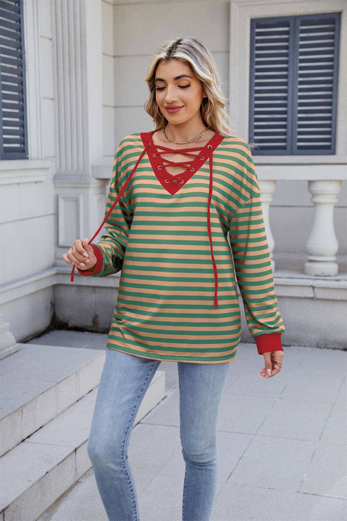 Striped V-neck fashion sexy lace-up sweatshirt