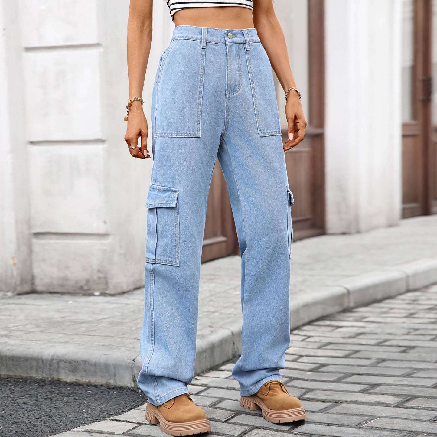 Washed semi-elastic waist denim workwear trousers