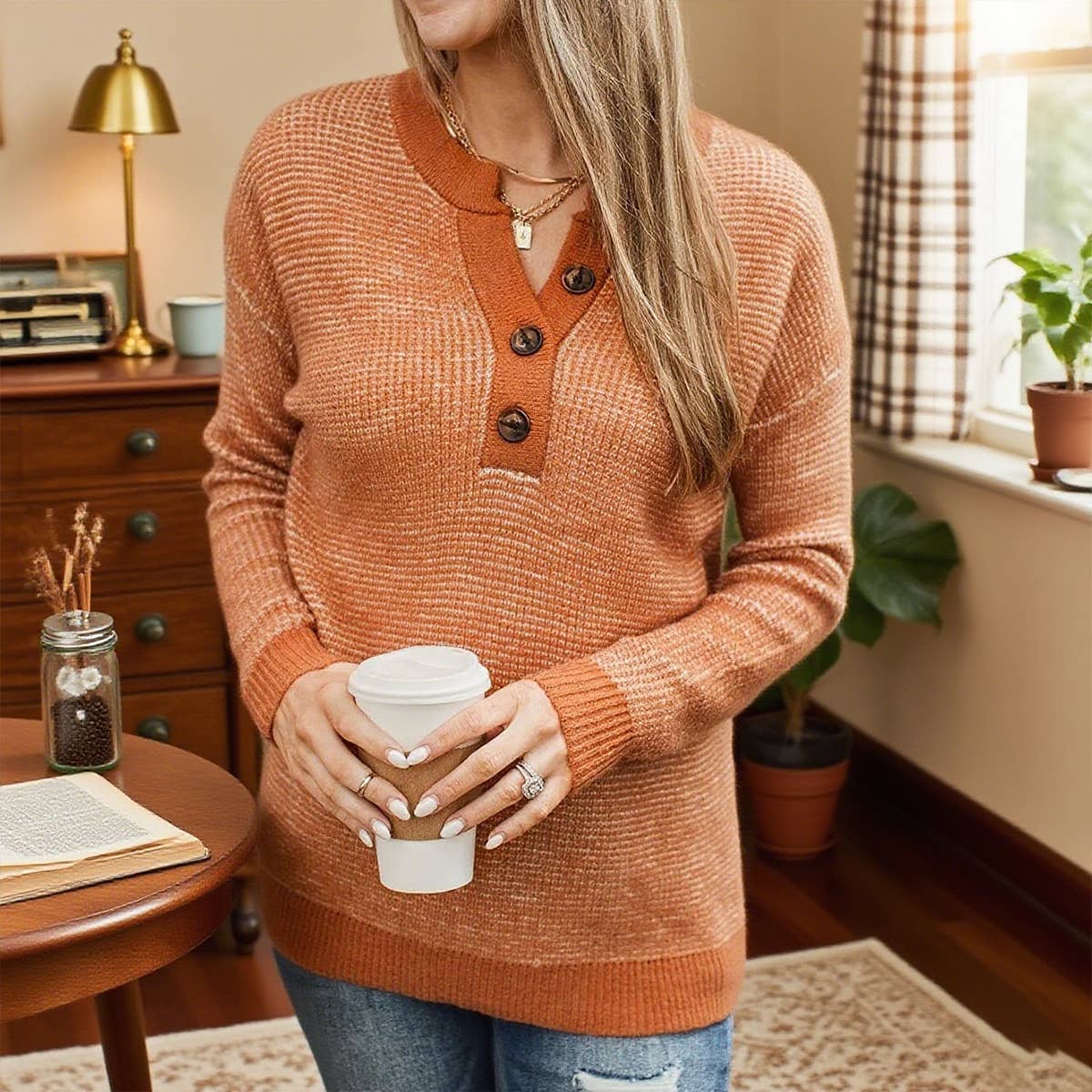 Solid-color loose knitted V-neck button sweater