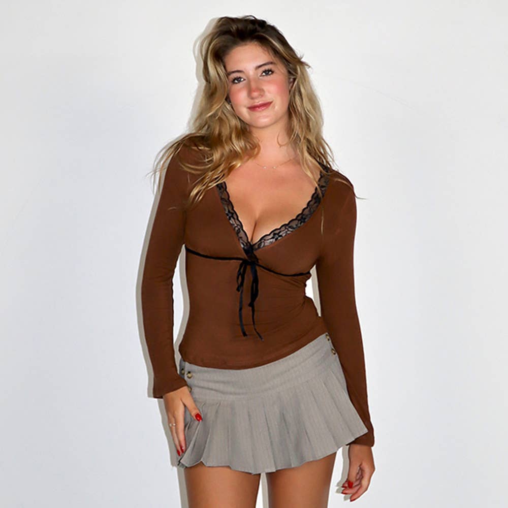 V-neck lace-trimmed bow sexy slimming T-shirt