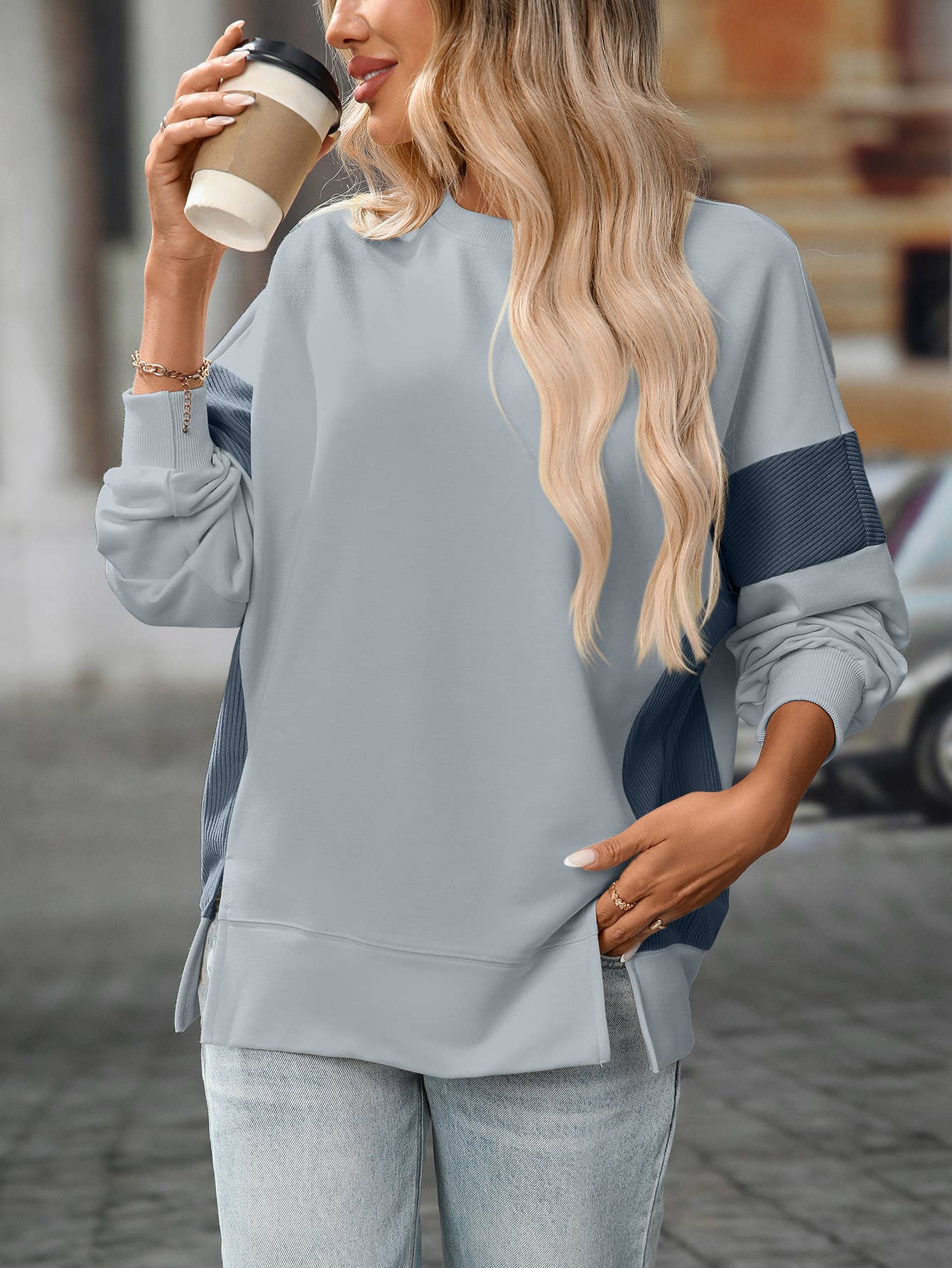 Round-neck,color-blocked,casual loose hoodie